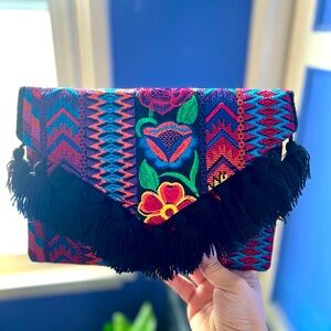 Colorful Embroidered Clutch/Crossbody Bag (Black Tassel)